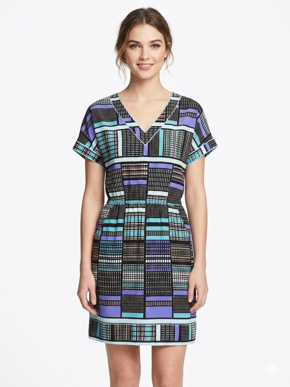 Banana Republic NWOT Geometric V-Neck Dress Short Sleeve Pockets No Stretch